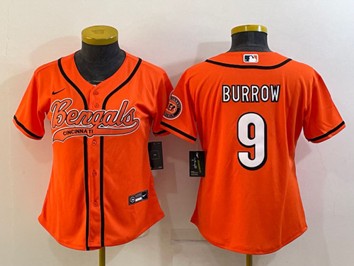 Women's Cincinnati Bengals #9 Joe Burrow Orange With Patch Cool Base Stitched Baseball Jersey(Run Small)